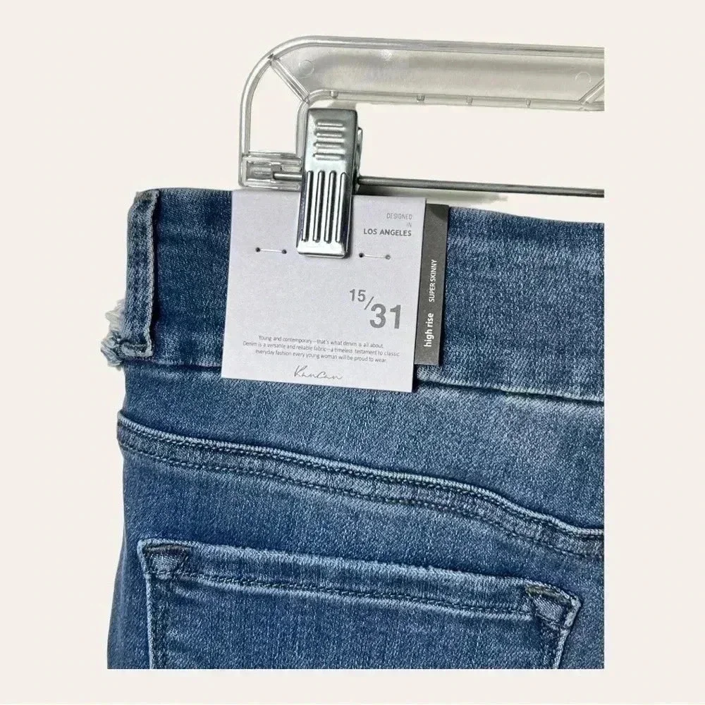 1269. KANCAN HIGH WAISTED SUPER SKINNY DENIM JEANS SIZE 15/31 FACTORY DISTRESSED